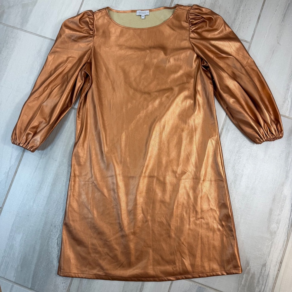 S'EDGE Womens Metallic Copper Faux Leather Puff Sleeve Shift Mini Dress Medium